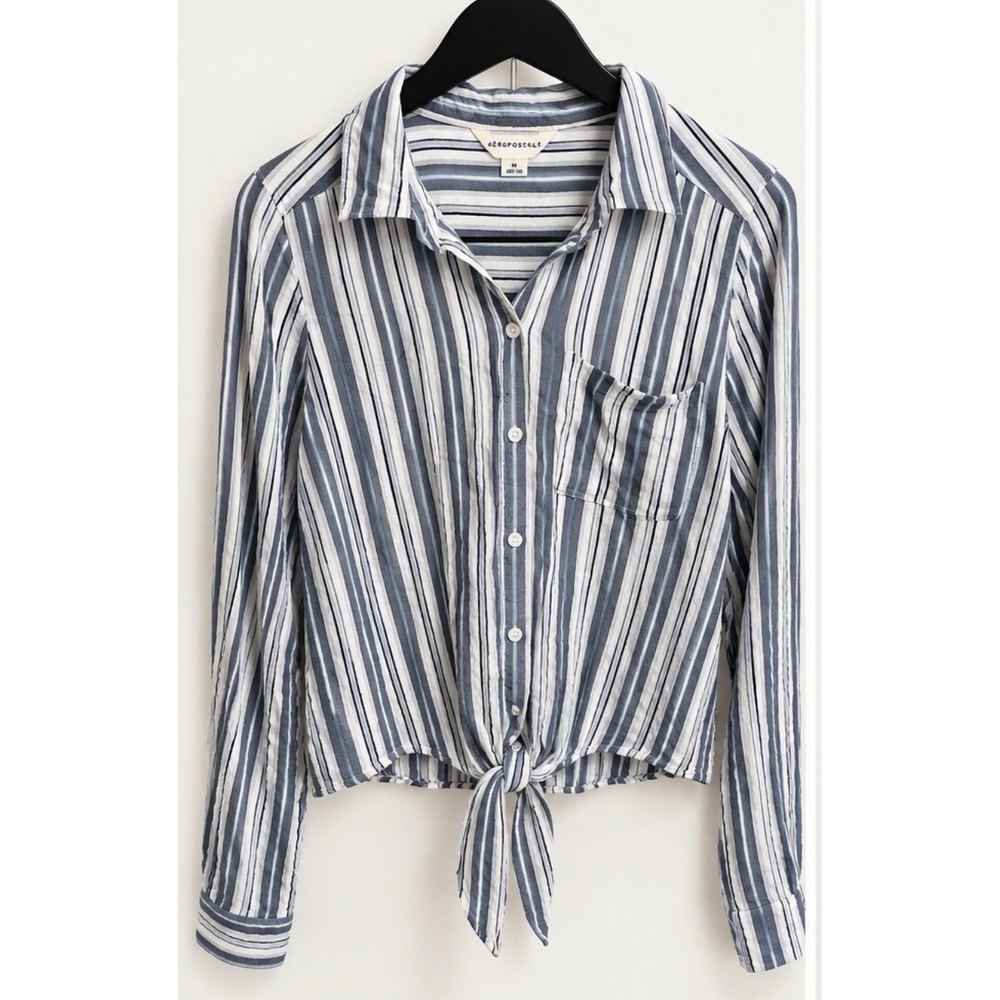 Aeropostale Womens Blue White Striped Long Sleeve Tie Front Button Down Shirt M